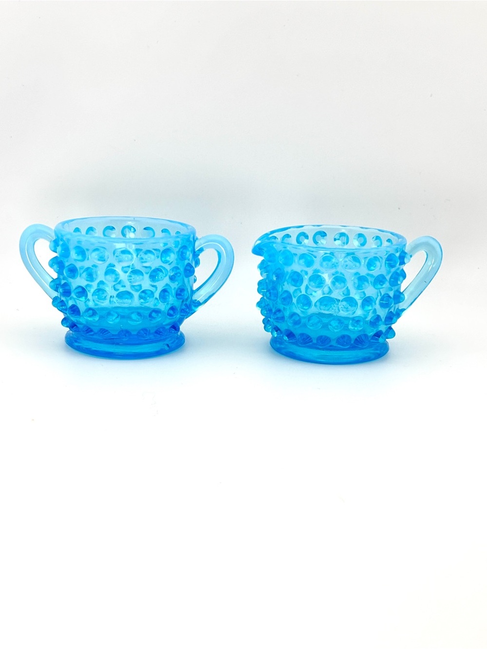 Vintage Fenton Art Glass Blue Opalescent Hobnail Open Sugar Bowl & Creamer